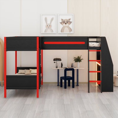 Lit superposé en L avec lit mezzanine, bureau intégré, tablettes et DEL