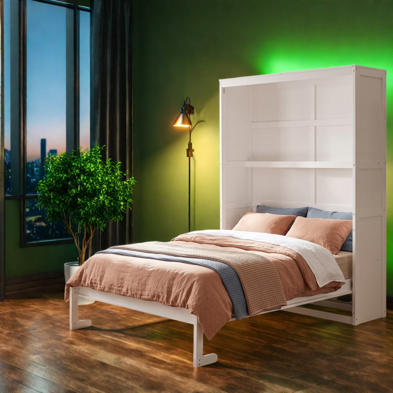 Lit gain d'espace avec rangement, lit mural moderne en MDF et bois blanc pour la maison, White