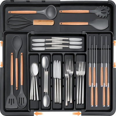Silverware Organiser - Grand organisateur de tiroir de cuisine extensible avec 2 blocs à couteaux amovibles, noir