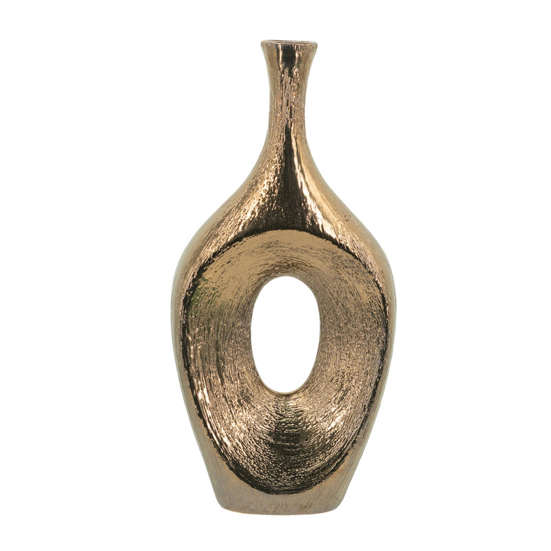 Round Bronze Vase With Textured Open-Cut Design, 18.9" H x 9.1" W x 3.5" D