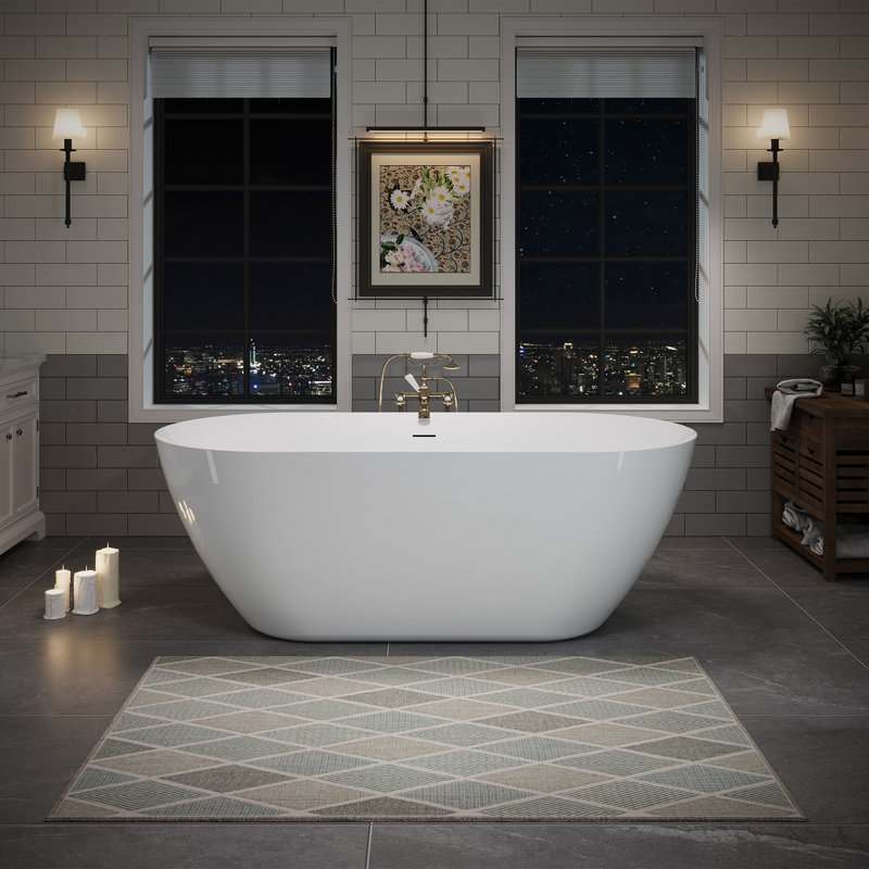 63" Acrylic Freestanding Bathtub, Oval Deep Soaking Bathtub With Center Pop-Up Drain & Integrated Overflow, Contemporary Stand Alone Bath Tub For Bathroom Spa Or Home Upgrade, Glossy White GF-26A09-63