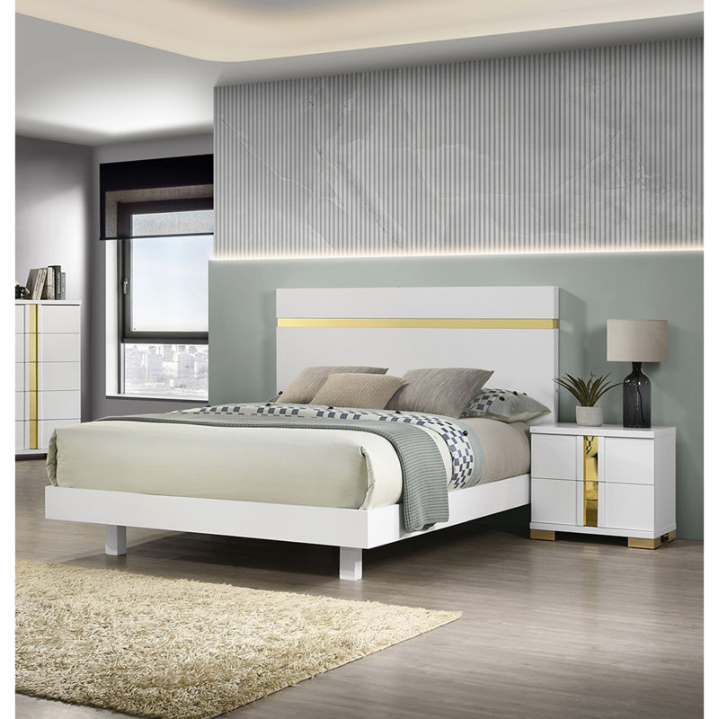 Ensemble de chambre à coucher moderne 3 pièces, Blanc, Très grand lit