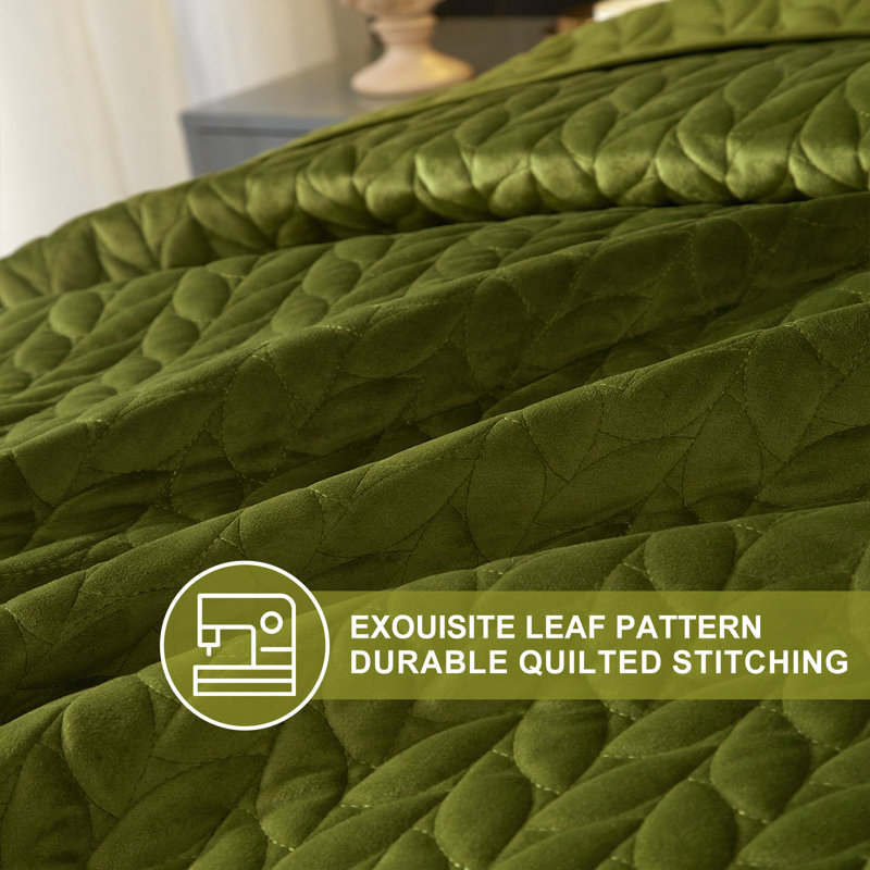 Velvet Quilt Set with 2  Pillow Shams, King Quilt + 2 King Shams, Olive Green Leaves