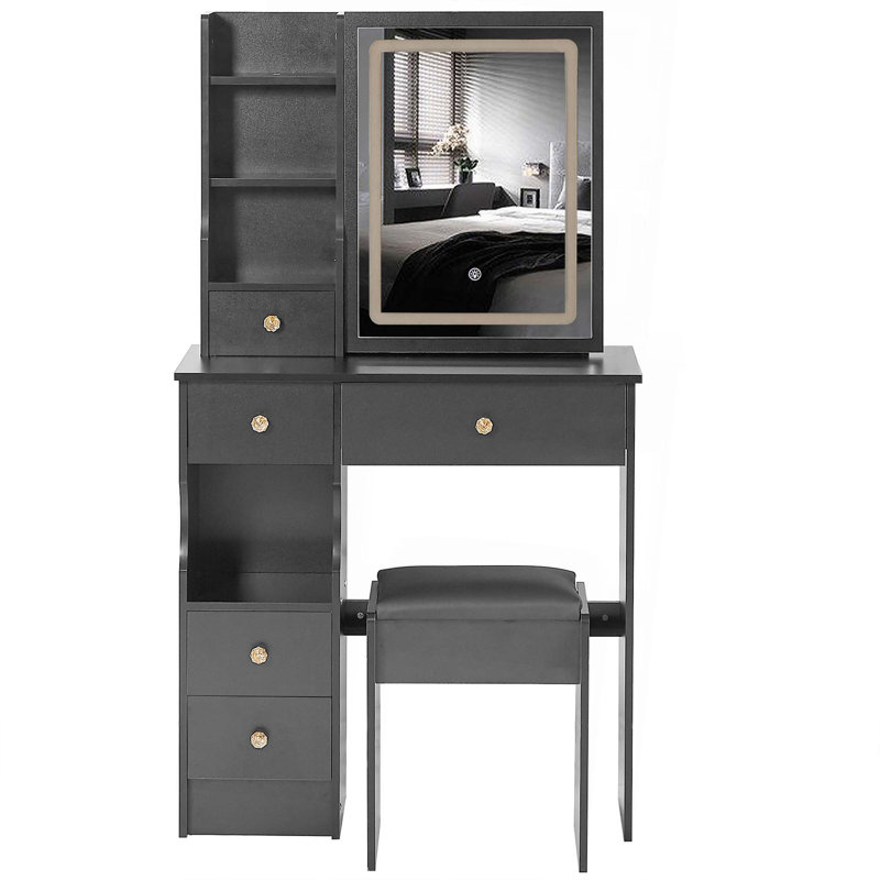 29.2" Small Size Left Drawer Desktop Vanity Table + Cushioned Stool,2 AC+2 USB Power Station,Hair Dryer Bracket,Extra Large Touch Control Sliding LED Mirror,Tri-Color Switching,Brightness Adjust