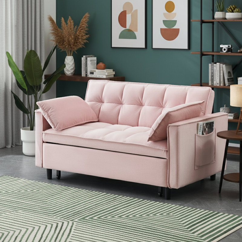 Canapé-lit en velours rose de 55 po de largeur - causeuse convertible 3-en-1 - lit d'invité compact, Rose
