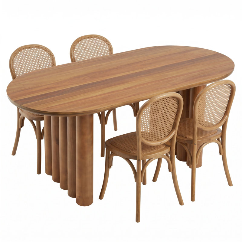 Ensemble de salle à manger moderne ovale pour 4 personnes avec chaises en rotin et guéridon