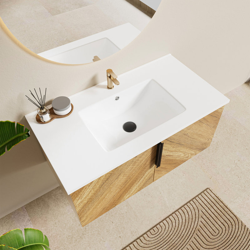 36"  Wall-Mounted Floating Single Bathroom Vanity Set With White Ceramic Sink And Chevron Wood Grain Cabinet, 36'', White
