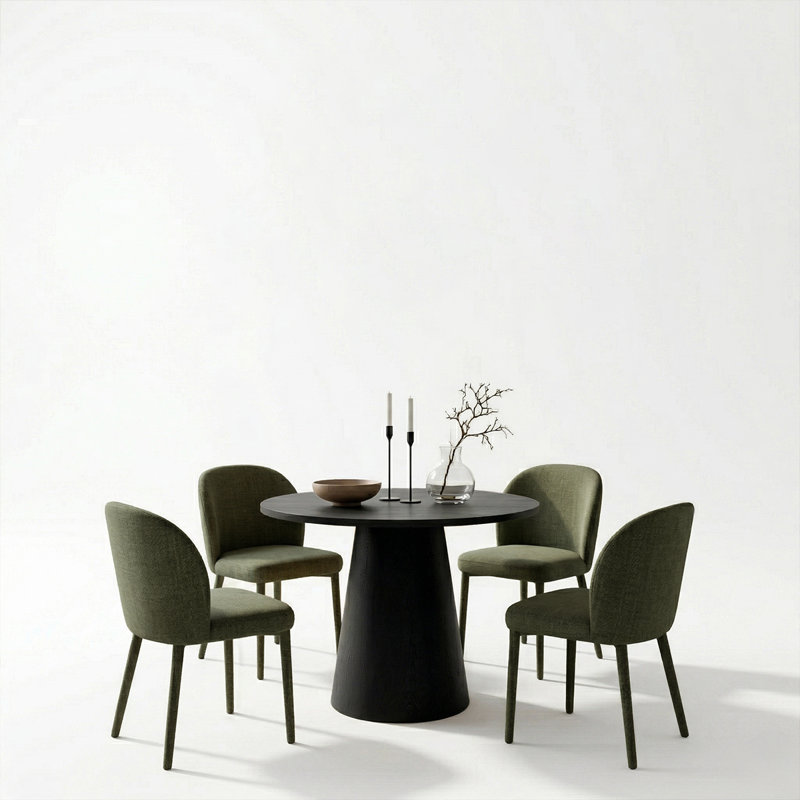 Modern 35" Round Dining Table Set for 4, Pedestal Kitchen Table with Upholstered Dining Chairs, Black, Green