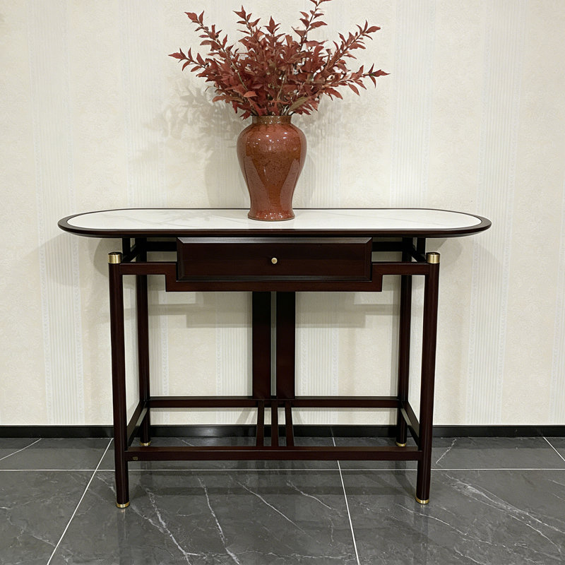 Console ovale avec pieds en bois de frêne et plateau en pierre, H 33,46 po x l 59,06 po x P 16,54 po