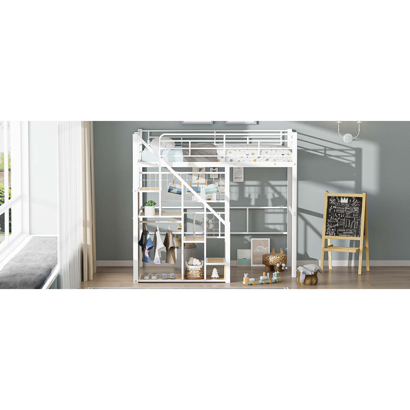 Lit mezzanine simple en métal avec escalier de rangement et petite armoire, Blanc