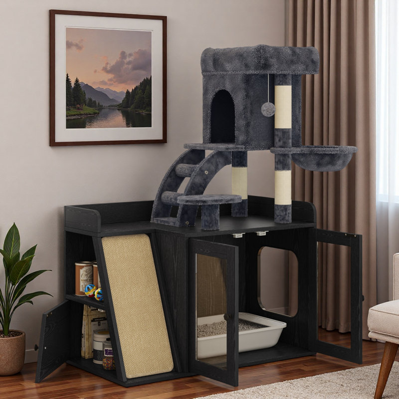 Arbre à chat avec lumière DEL, bac à litière caché, planche à gratter en sisal, espace de rangement, maisonnette pour chat et hamac confortable