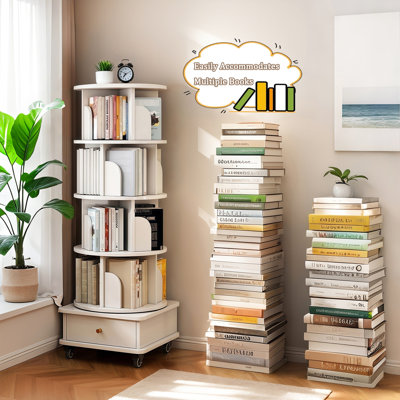 360 Display Rotating Bookshelf With Wheels, Drawer And Baffle, Bringing Convenient Storage To Home - Warm White 5 Tier Round Spinning Rotation, Brake Wheels Drawer, Ideal For Small Spaces In Office