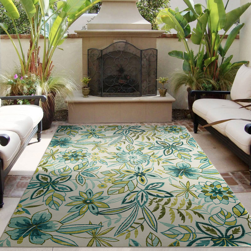 Blodewn Outdoor Rug Floral Design Performance Area Rug Green Yellow, Rectangle 6' x 9'