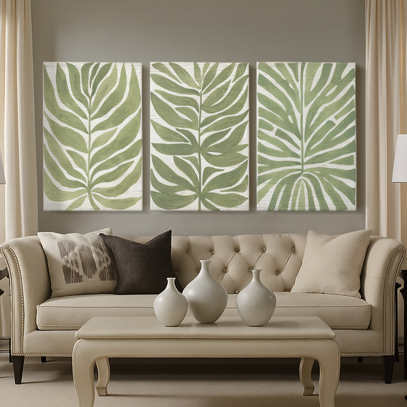 Driftwood Palm Leaf I - Toile tendue avec châssis sur mesure - 3 pièces, H 27 po x l 54 po