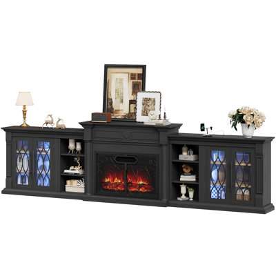 Meuble télé de style ferme avec foyer intégré de 343 cm (135 po), centre de divertissement avec éclairage DEL, prises électriques, bibliothèque ouverte et placards de rangement, grande console multimédia avec foyer électrique de 76 cm (30 po) et portes à volutes rétro, noir