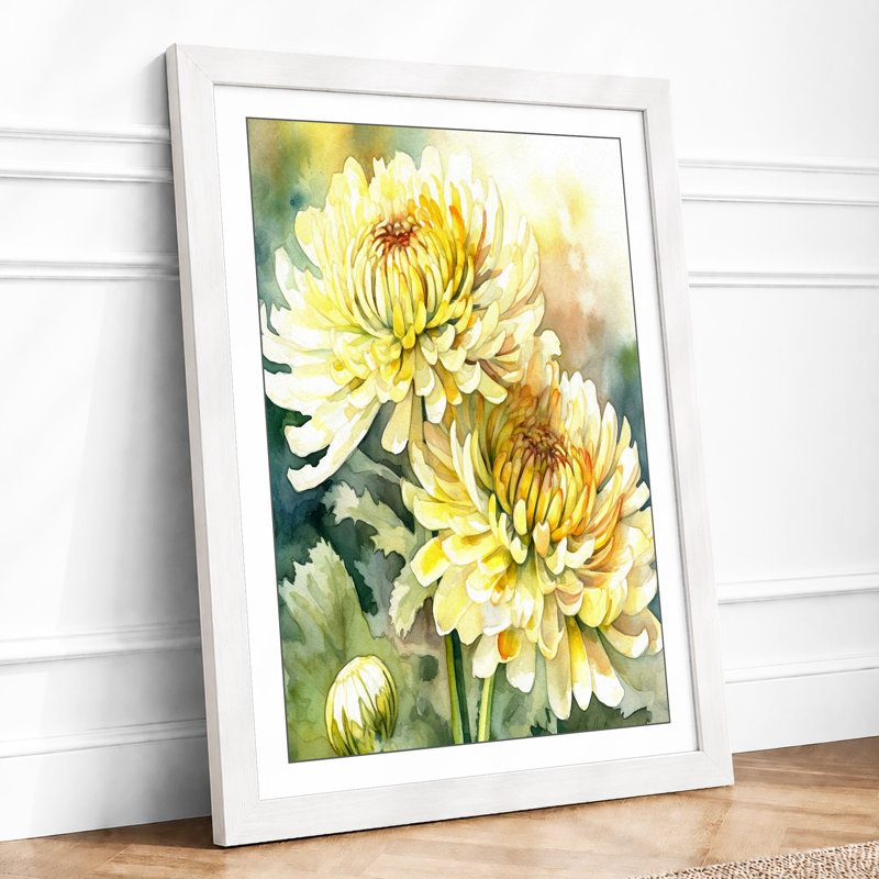Chrysanthemums in Golden Light Botanical 1 Piece Single Picture Frame Wall Art, A2 - 59.4 x 42.0 cm, White
