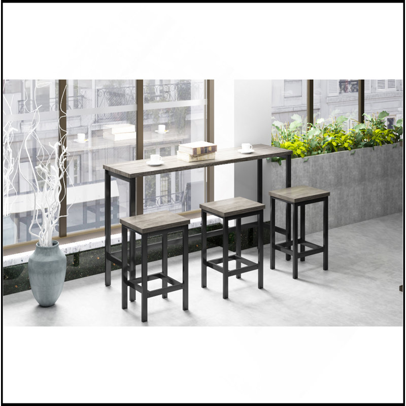 Table de salle à manger à hauteur de comptoir extra longue avec 3 tabourets, ensemble de table de pub avec repose-pieds, gris