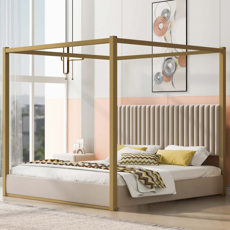 King Size Upholstery Canopy Platform Bed With Headboard And Metal Frame, Beige, Très grand lit, Beige