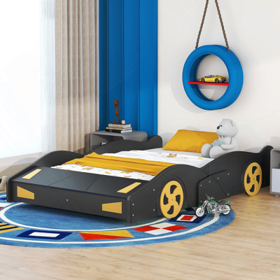 Lit plateforme pleine grandeur en forme de voiture de course avec roues et rangement
