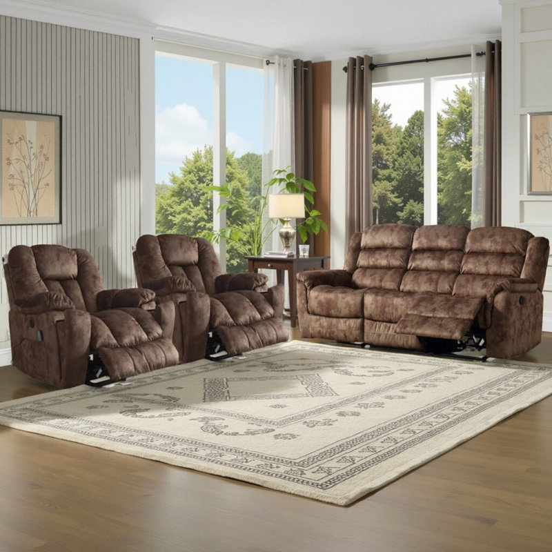 Leelan 3-Piece Super Soft Microfiber Reclining Living Room Set With 2 Heated Massage Power Lift Recliners & A Manual Reclining Sofa