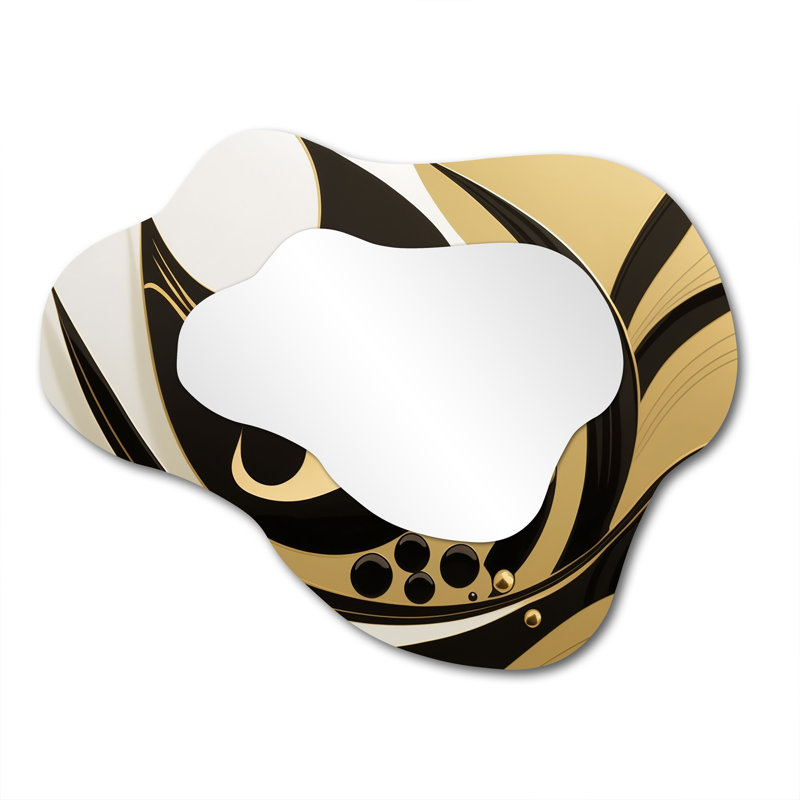 Golden Circular Universe VII - Geometric Asymmetrical Mirror, Black Cloud Unique Wall Mirror, Printed Metal Art, 27" x 35"
