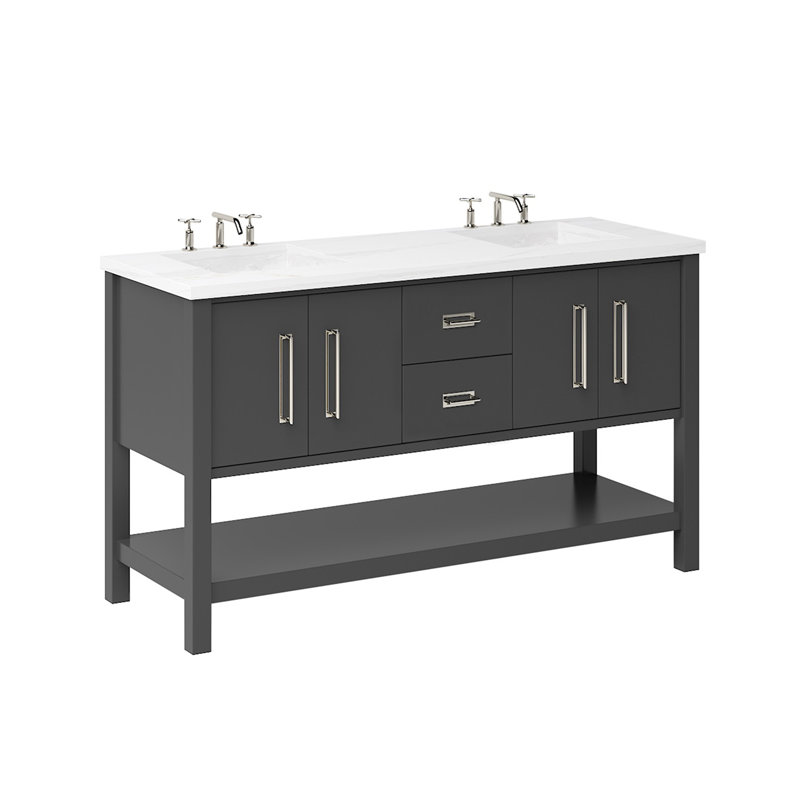 Meuble-lavabo double Kiawah, Noir cassé, Nickel satiné, 60"