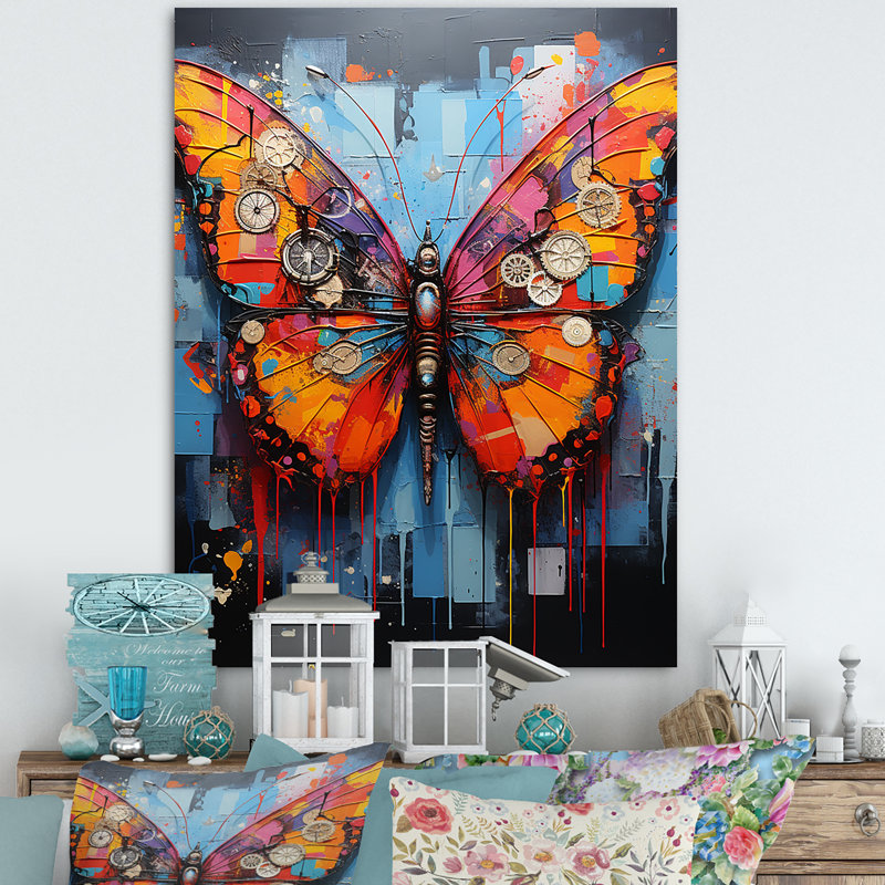 Street art, papillon coloré sur toile, H 44 po x l 34 po x P 1,5 po, Toile tendue