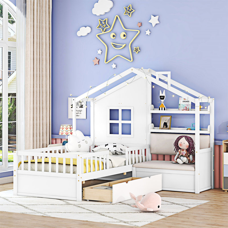 Platm Bed With Sofa And Storage, White