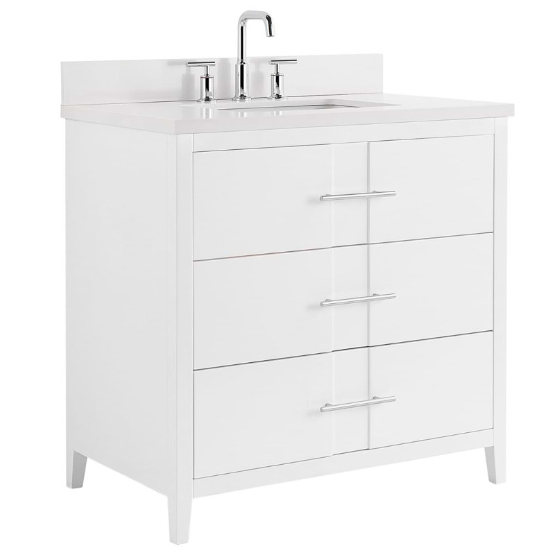 Meuble-lavabo simple autoportant de 36 po Atik avec comptoir en quartz blanc pur et lavabo en céramique, Blanc / argenté