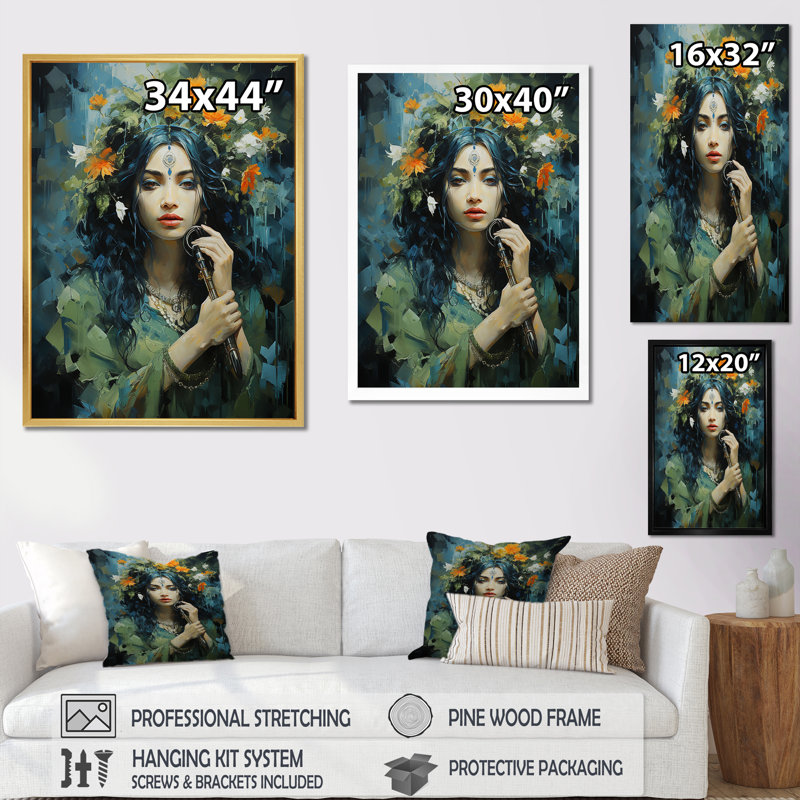 «Hinduism Krishna Flute God», reproduction d'art sur toile, Cadre simple noir, H 44 po x l 34 po x P 1,5 po