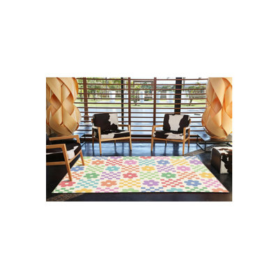 Multi Color Square Geometric and Flower Pattern Creative Modern Decorative Machine Washable Area Rug