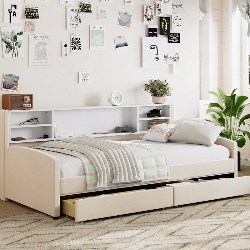 Upholstered Platform Bed With Drawers, Beige