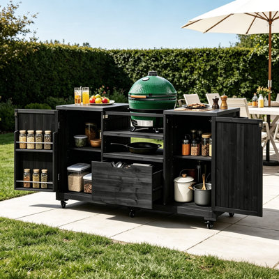 Outdoor Kitchen Island, Solid Rolling Bar Cart with Stainless Steel Top & Storage Cabinet Drawer for Large Big Green Egg, Kamado Joe