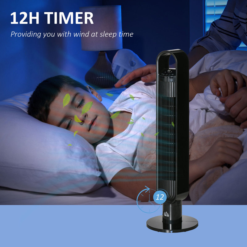 HOMCOM Freestanding Tower Fan Cooling For Bedroom With Oscillating, 3 Speed, 12H Timer, LED Sensor Panel, Remote Controller, Black