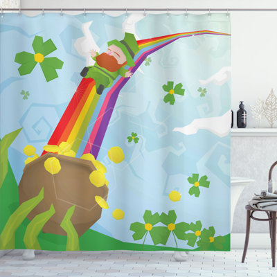 St. Patrick'S Day Abstract Cartoon Happy Leprechaun Sliding Down Rainbow Gold and Shamrock Single Shower Curtain
