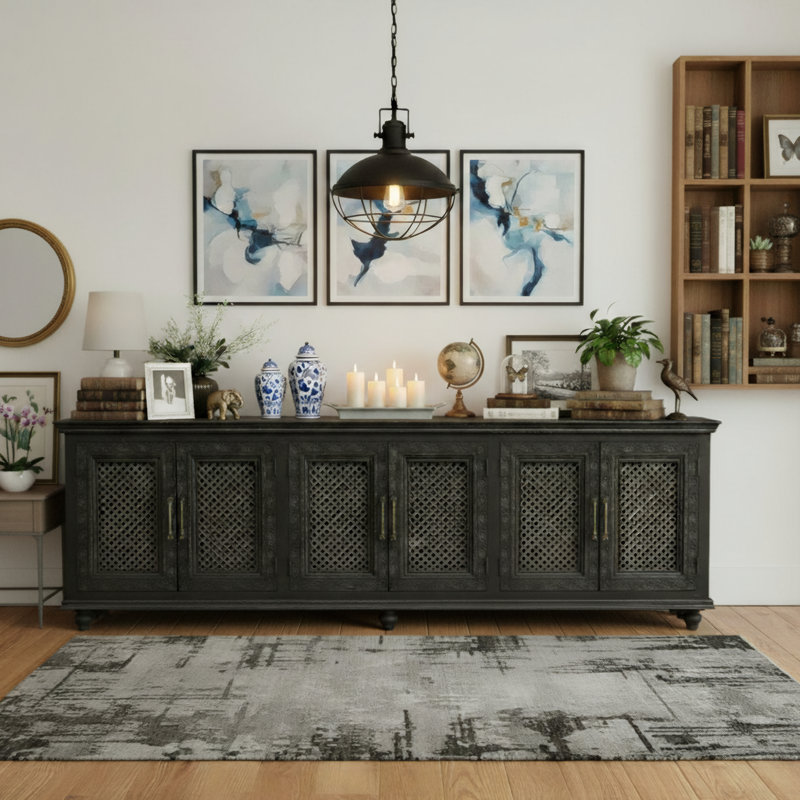 6-door Carved Solid Wood Sideboard, Black