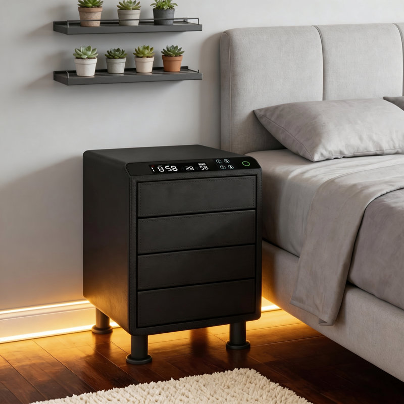 Luxury Leather Chest with Fingerprint & App Control, WiFi/Bluetooth Smart Biometric Security Box with LED, Temperature/Humidity Display for Bedroom, Closet & Office