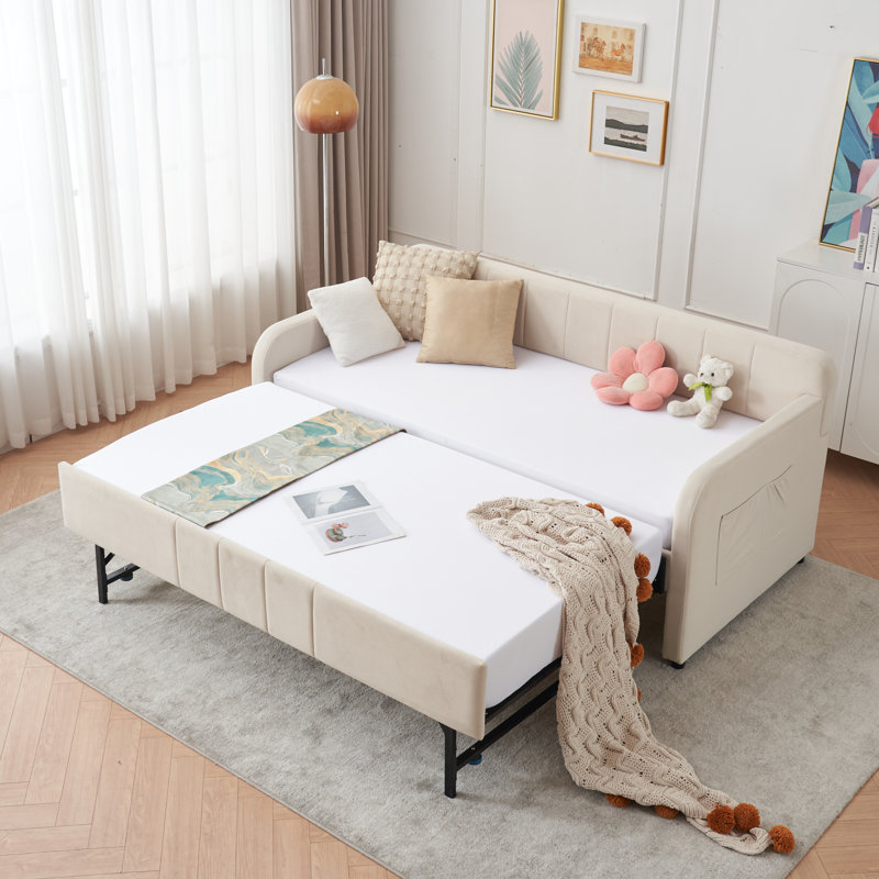 Structure de lit de jour rembourré avec lit gigogne, canapé-lit pour chambre d'amis, support à lattes de bois, Beige