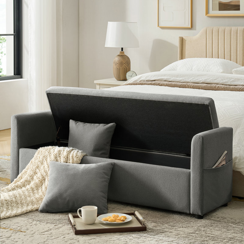 Patrece 59"W Modern Storage Bench with Two Pillows and Pocket, Charcoal