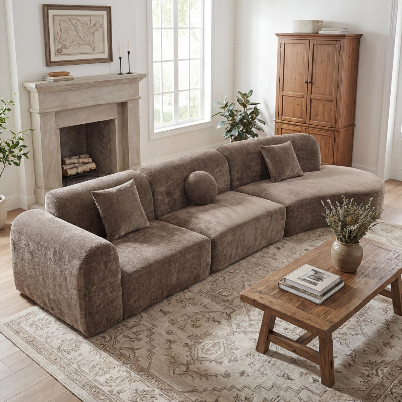 Camden Boneless 140'' Compression Curved Sectional Sofa, Brown Polyester