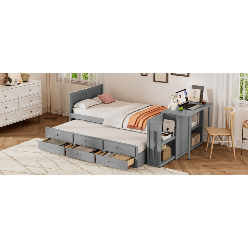 Lit multifonctionnel en bois avec bureau et tablette de rangement au bout du lit, lit gigogne intégré et 3 tiroirs,