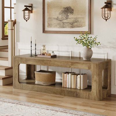 63'' Farmhouse Console Table with Shelf, 2-Tier Entryway Sofa Table with Circular Cutout Design, Brown