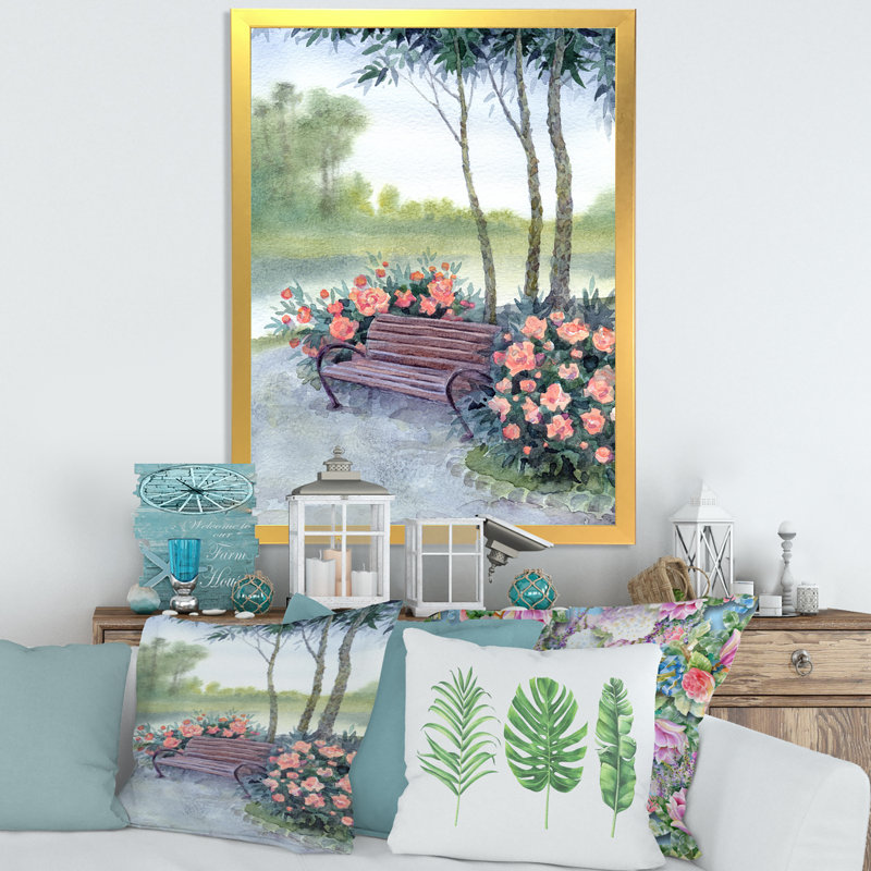 «Bench in Park» par les Pions Bushes - peinture sur toile, Toile encadrée d'or, H 40 po x l 30 po x 1,5 po