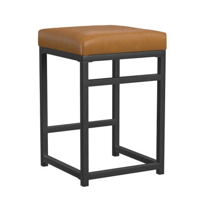 Tabouret de comptoir sans dossier Toko, similicuir brun, noir industriel