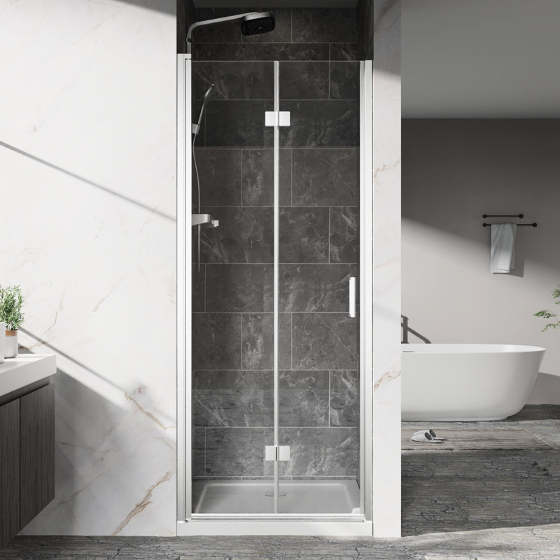 72 Inches High Bi - Fold Swing Pivot Shower Door With 1/4" Tempered Glass, Zinc Alloy Hinges, And Waterproof Magnetic Sealing 32 In. Wide Glass Finish, Easy Clean Coating, Professional Packaging