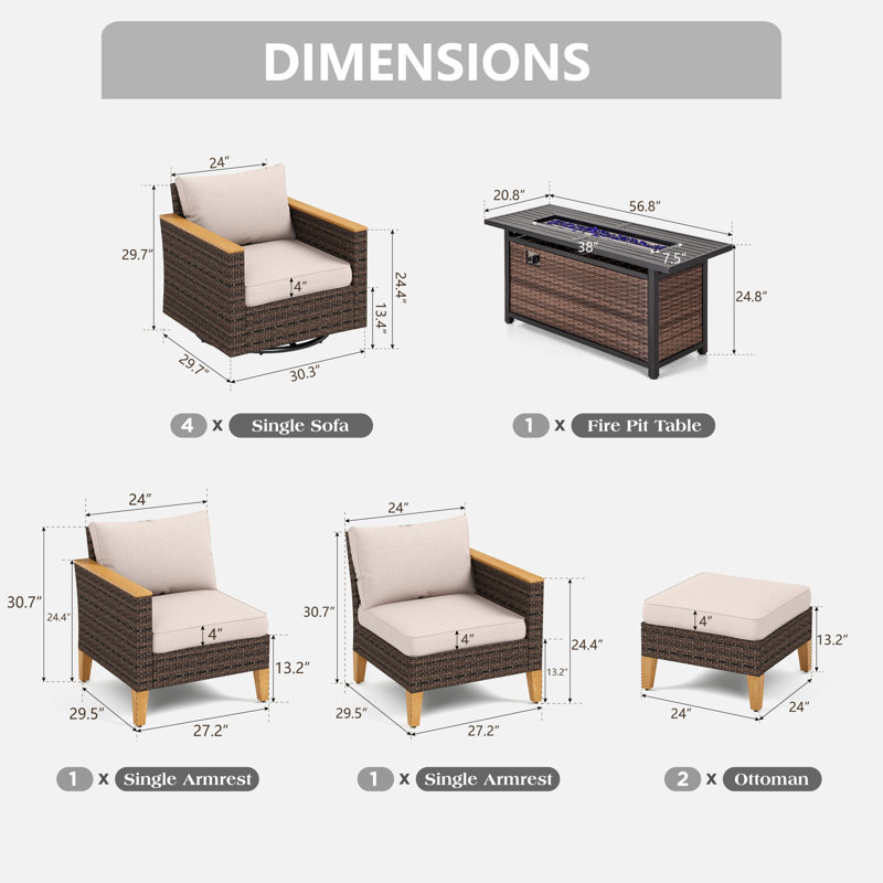 Argyri Outdoor Wicker Patio Conversation Furniture Set With Swivel Chairs And Firepit Table, Yes