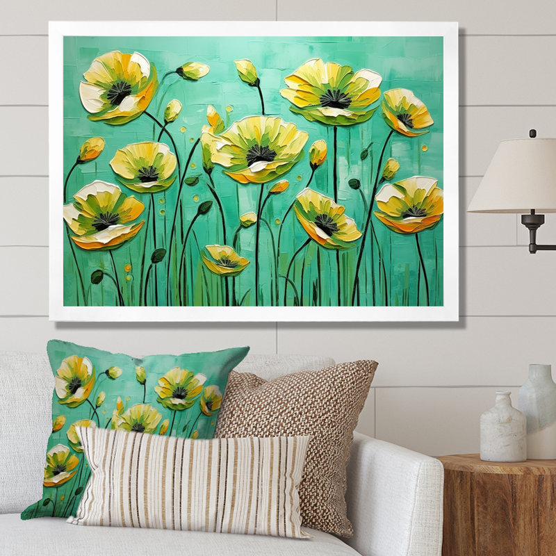 Émeraude élégance coquelicots dans la brise, Cadre simple blanc, H 30 po x l 40 po x P 1,5 po