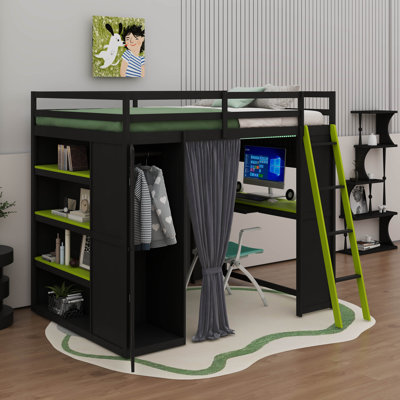 Lit mezzanine en bois pleine grandeur avec garde-robe, tablettes et lumières RVB