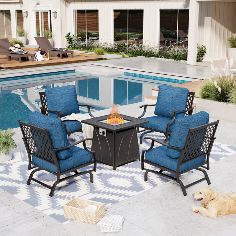 Asfand 4 - Person Outdoor Seating Group with Rocking Lounge Chairs&  Firepit Table, Peacock Blue