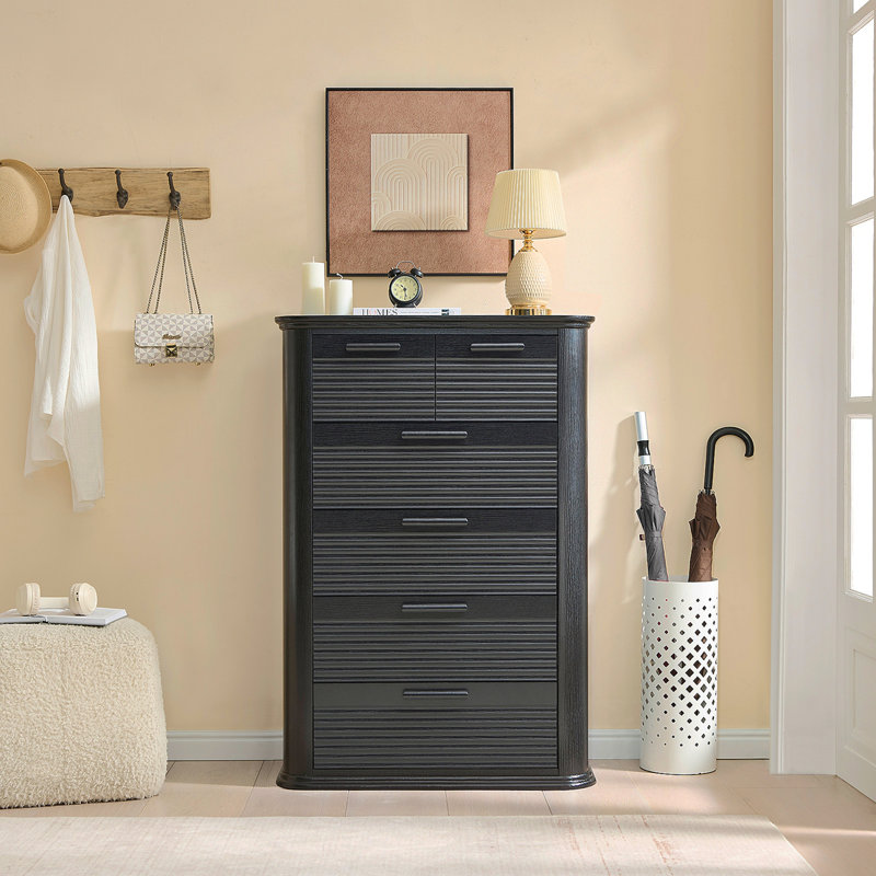 6 Drawers Dresser For Bedroom, 45" Tall Dresser With Curved Profile Design, Wood Fluted Chest Of Drawer, Modern Drawer Storage Organizer For Bedroom, Living Room, Entryway